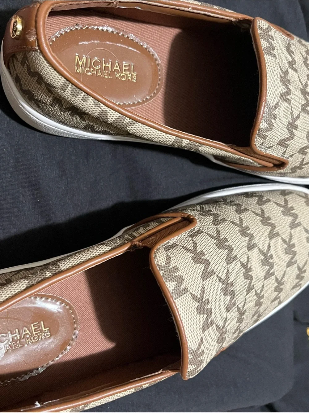 Michael Kors Beige Logo-Print Slip-On Sneakers with White Sole
